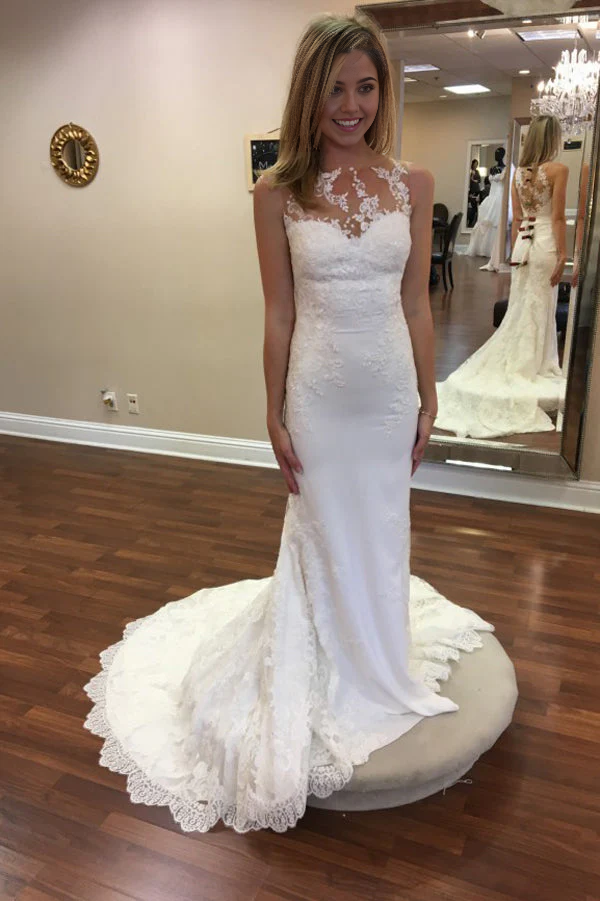 Mermaid Neck Sleeveless Sweep Train Appliques Wedding Dresses