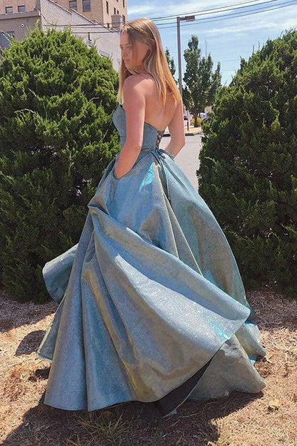 A-Linie, funkelndes, trägerloses Sweetheart-Ballkleid, Abendkleider mit Taschen