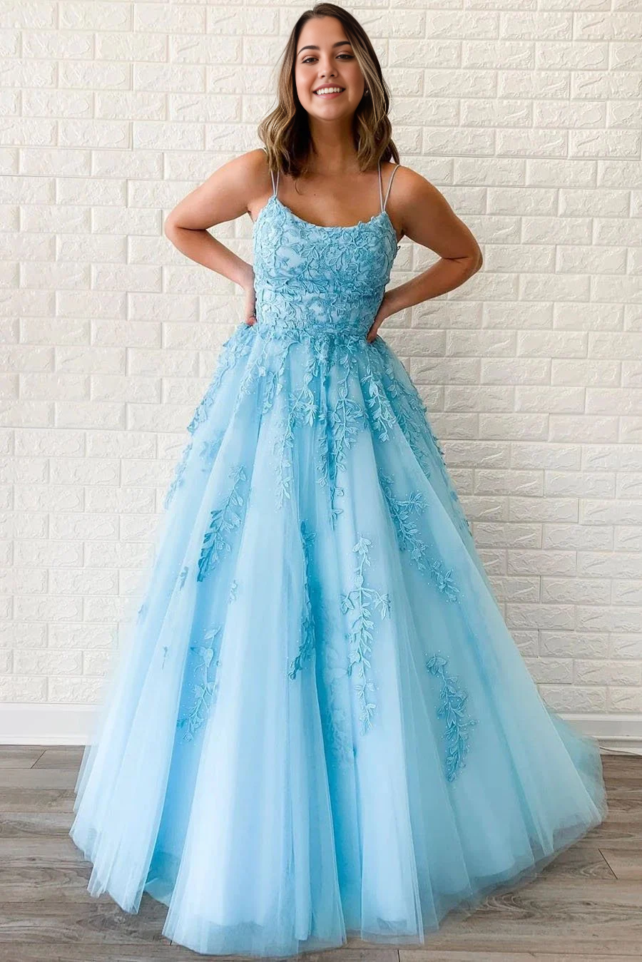 A-Line Tulle Appliques Beads Scoop Sky Blue formal dresses evening gown Prom Dresses with Lace