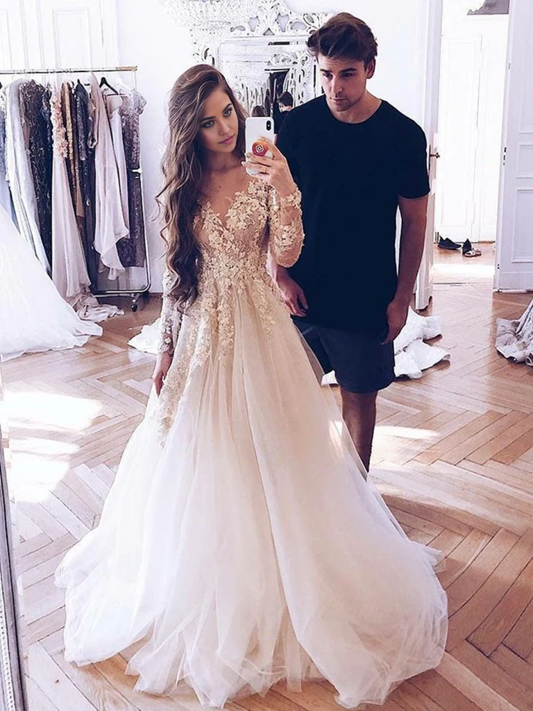A-line Lace Appliques Tulle Long Sleeves Long Prom Dresses Champagne Wedding Dresses