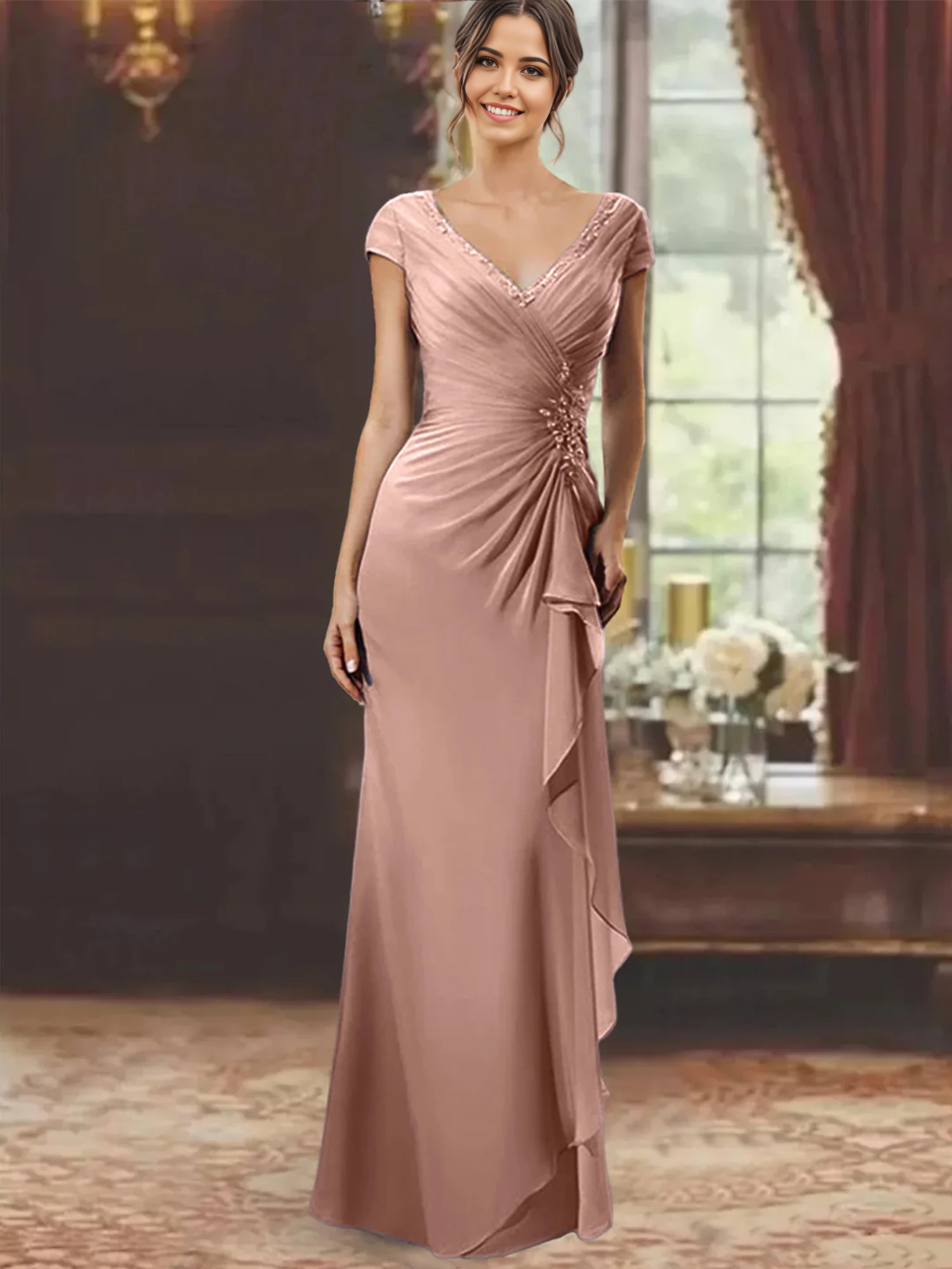 Sheath/Column V-Neck Short Sleeves Appliques Floor-Length Mother of the Bride Dresses With Ruffles