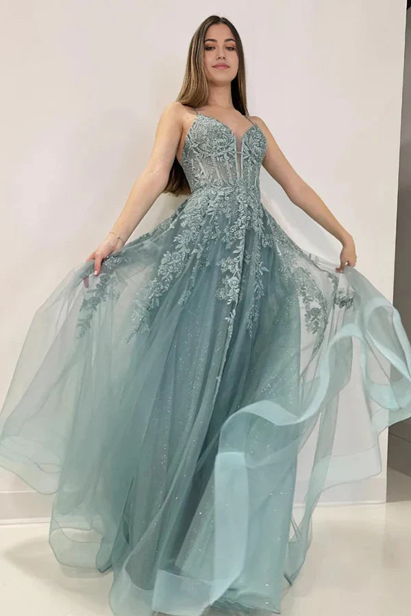 A-Line V Neck Tulle Lace Long Prom Dress