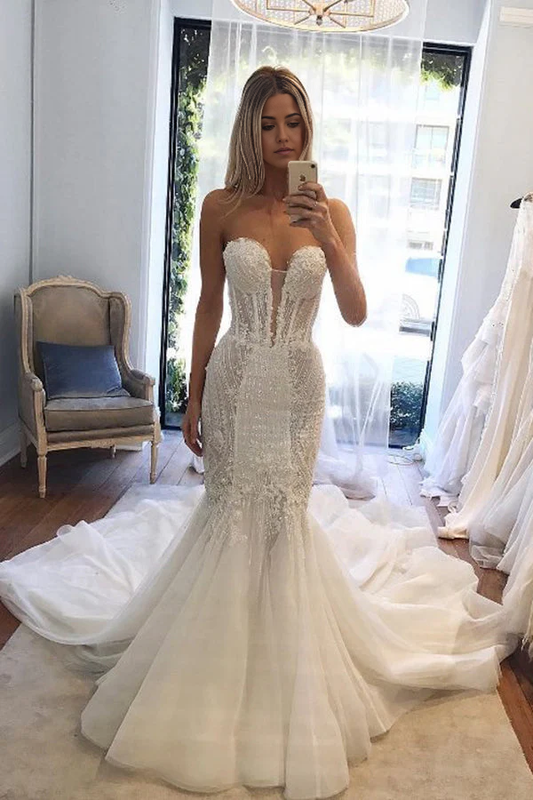 Mermaid Sweetheart Sleeveless Sweep Train Wedding Dresses with Sequins
