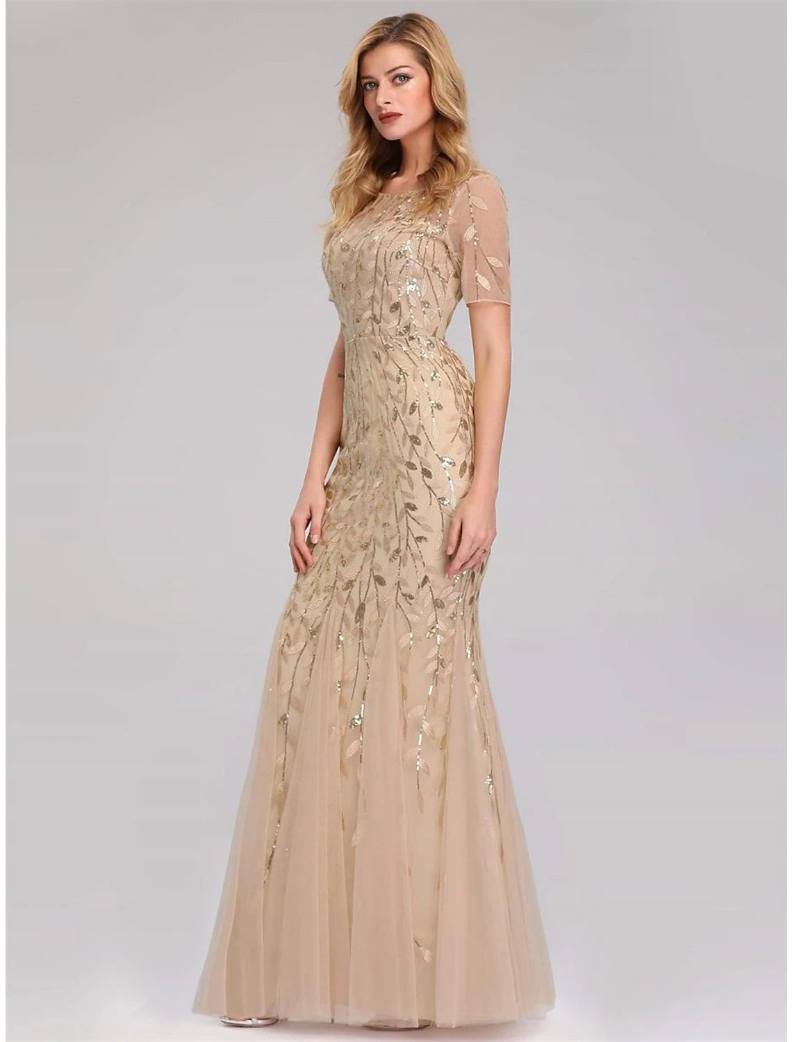 Vestido de noche elegante estilo imperio de sirena/trompeta para fiesta, formal, cuello joya, manga corta, largo hasta el suelo, de tul con bordado