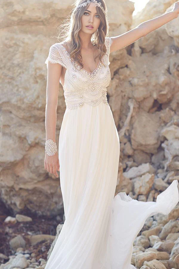 Boho Beach Vintage V Neck Backless Wedding Dresses with Cap Sleeves