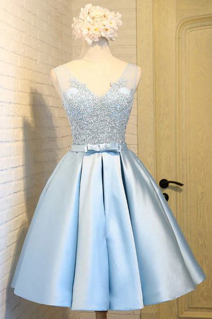 V neck lace applique short prom dress