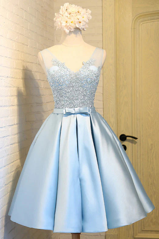 V neck lace applique short prom dress