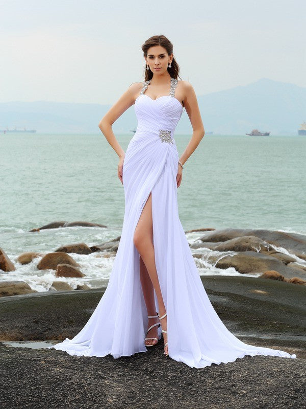 Sheath Chiffon Straps Sleeveless Chapel Train With Beading Wedding Dresses