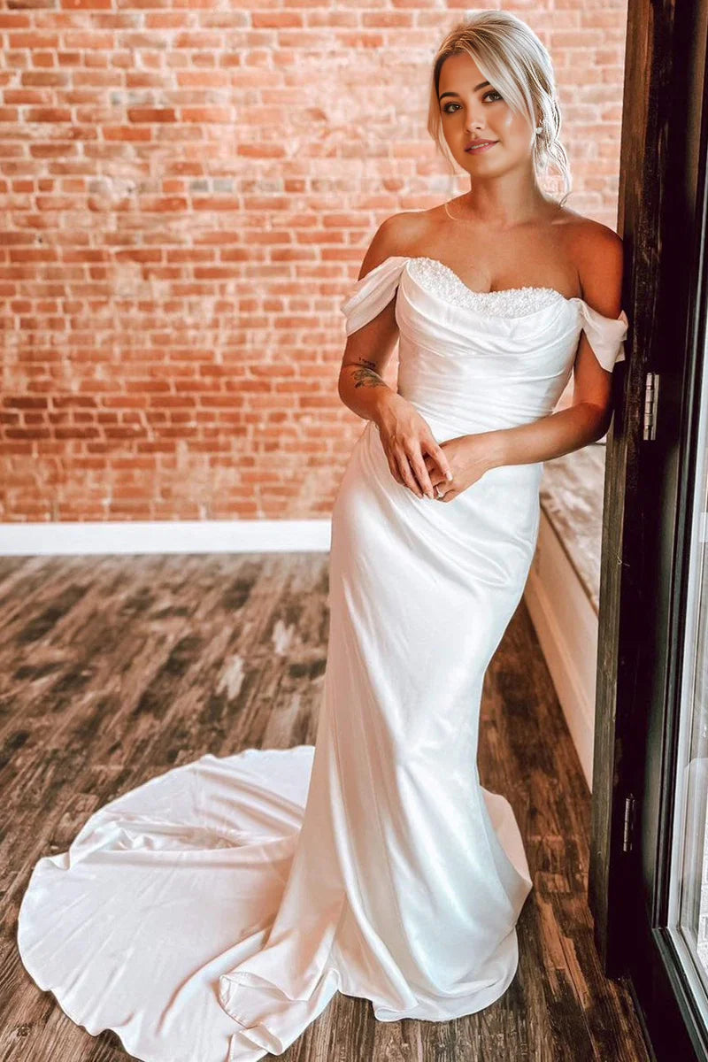 Mermaid Off-the-Shoulder Pearls Long Wedding Dress