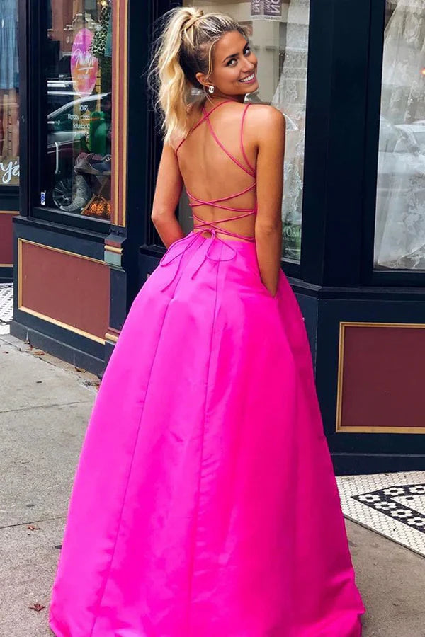 A-line V-neck Cross Back Satin Ball Gown Long Prom Dresses with Pockets