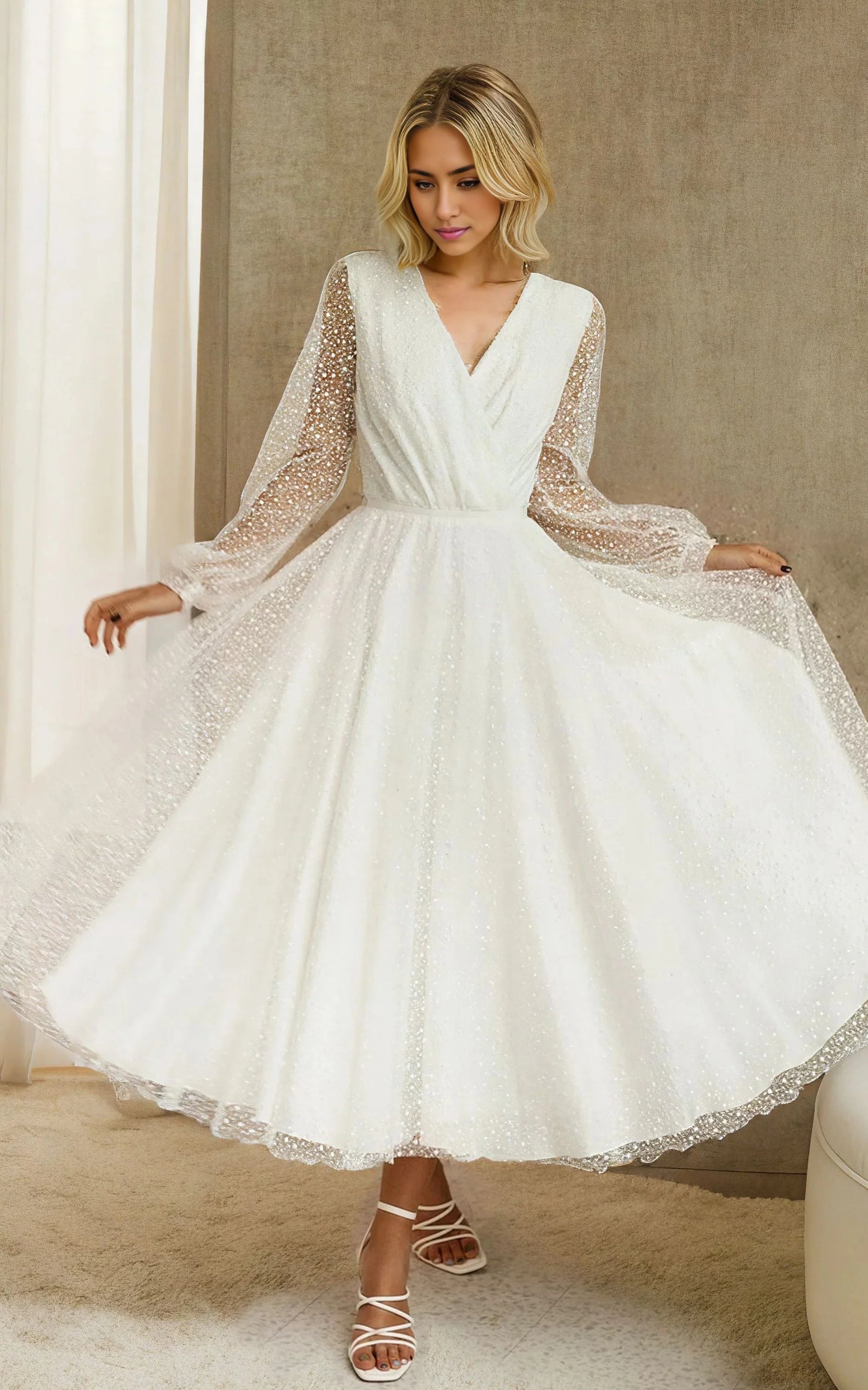 A-Linie Tüll knielang Langarm Brautkleid