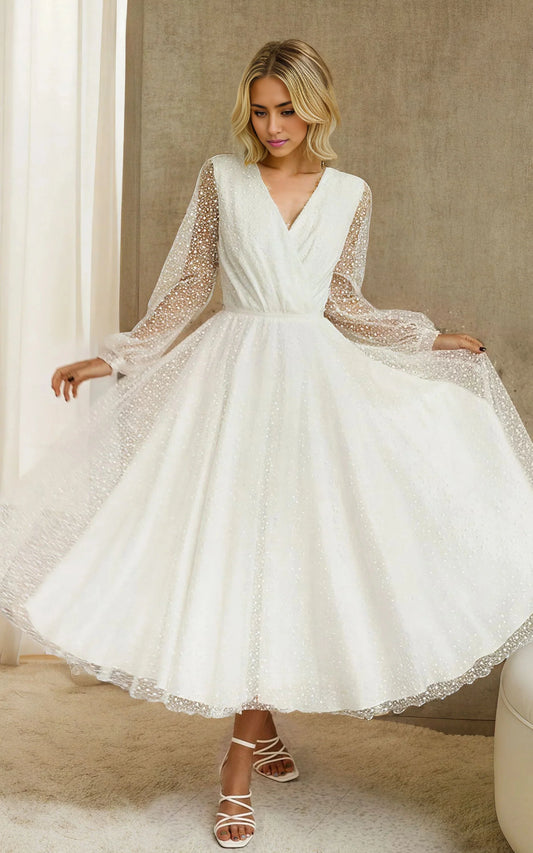 A-Linie Tüll knielang Langarm Brautkleid