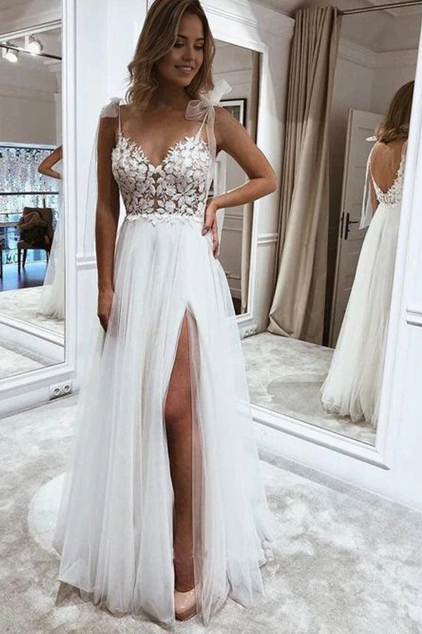 A Line V Neck Straps Tulle Split Wedding Dress Bridal Gown with Lace