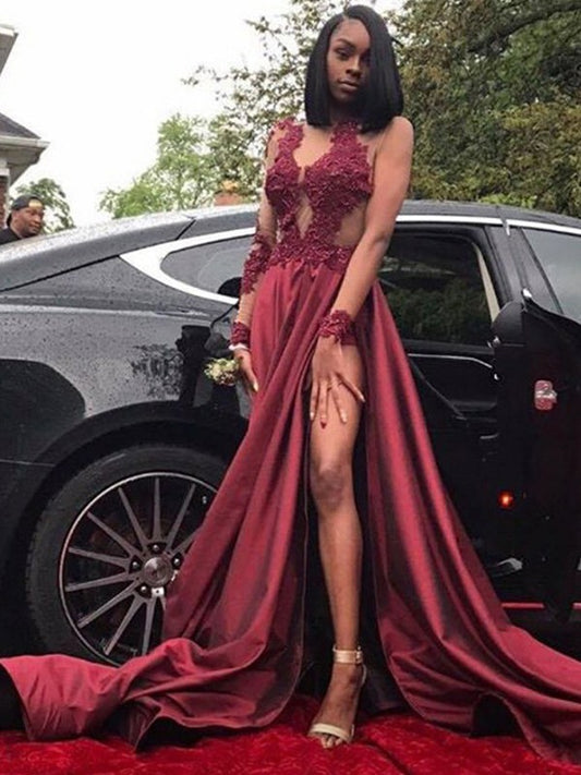 A-Line Long Sleeves V-neck Sweep/Brush Train With Applique Satin Dresses