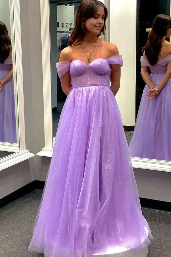 A-line Off-The-Shoulder Tulle Prom Dresses Evening Dresses