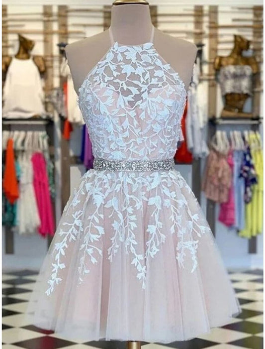 Vestido de fiesta de corte A, floral, corto/mini, sin mangas, estilo halter, de tul con apliques