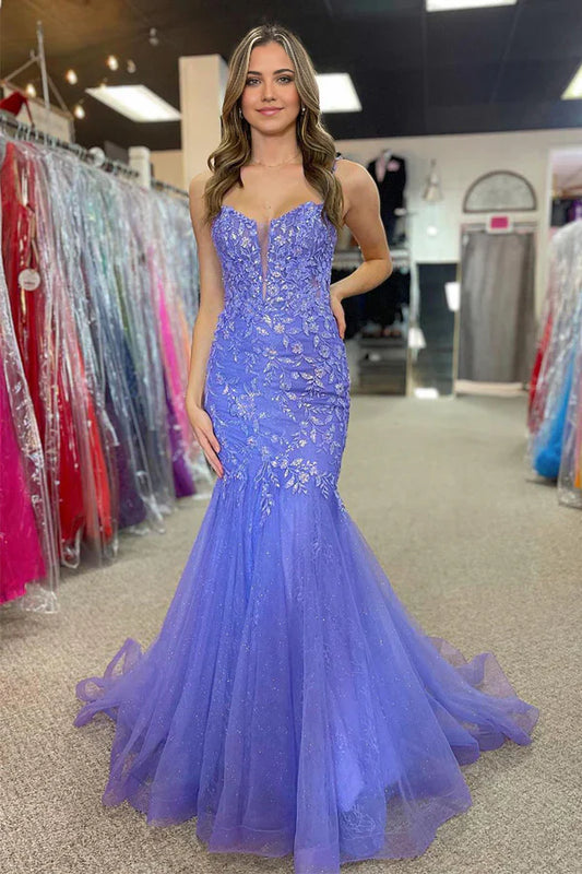 Vestido de fiesta largo con tirantes de sirena y apliques