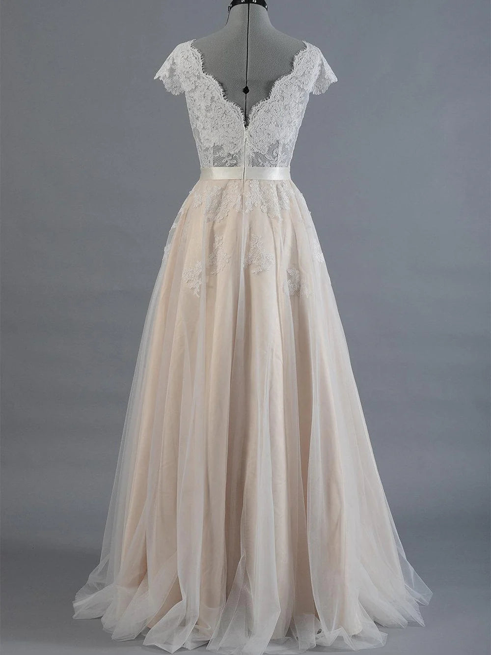 Sleeve V Neck Lace Tulle Wedding Dress