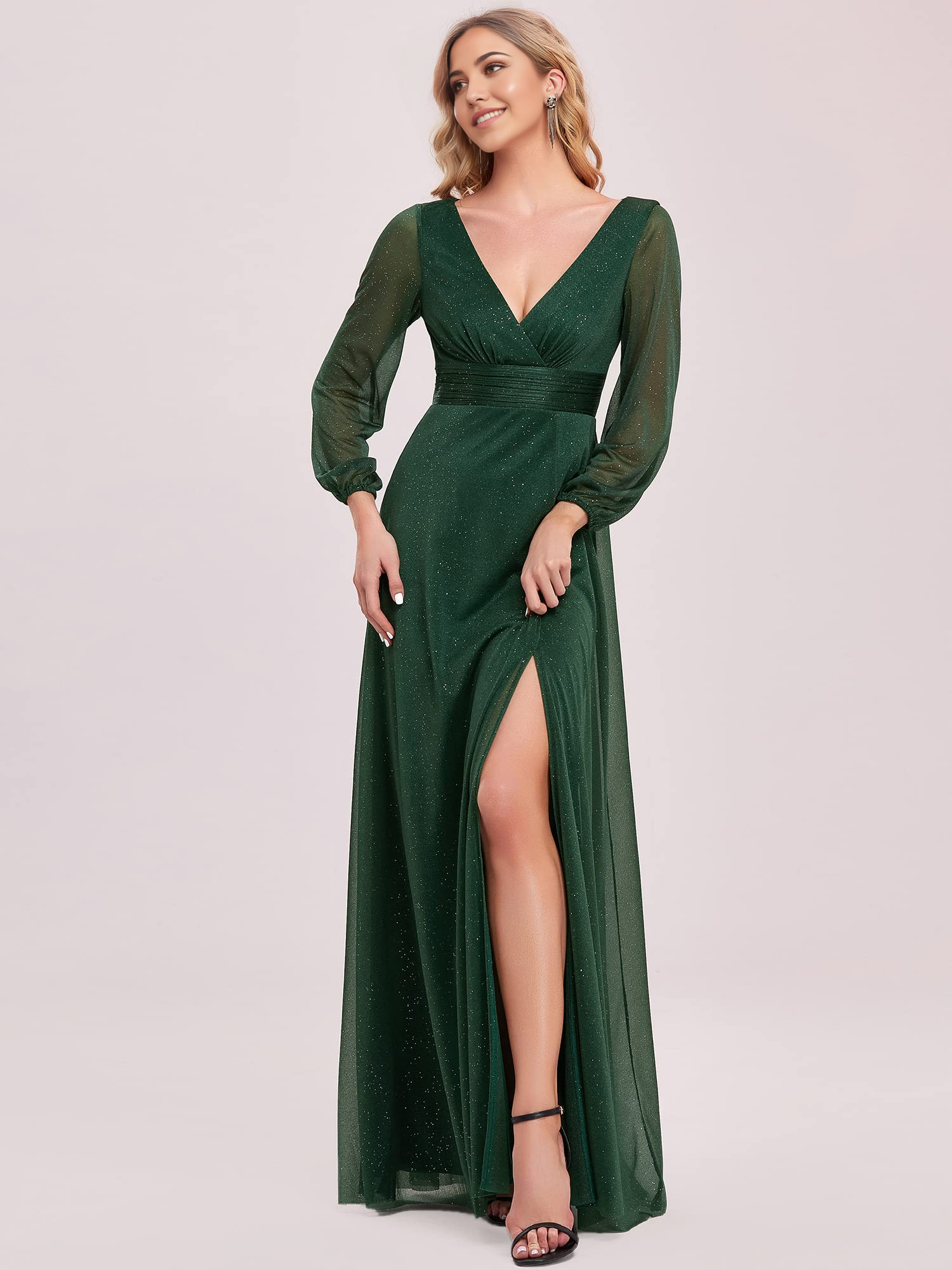 A Line V-Neck Long Sleeve evening gown formal dress Prom Dresses With Slit