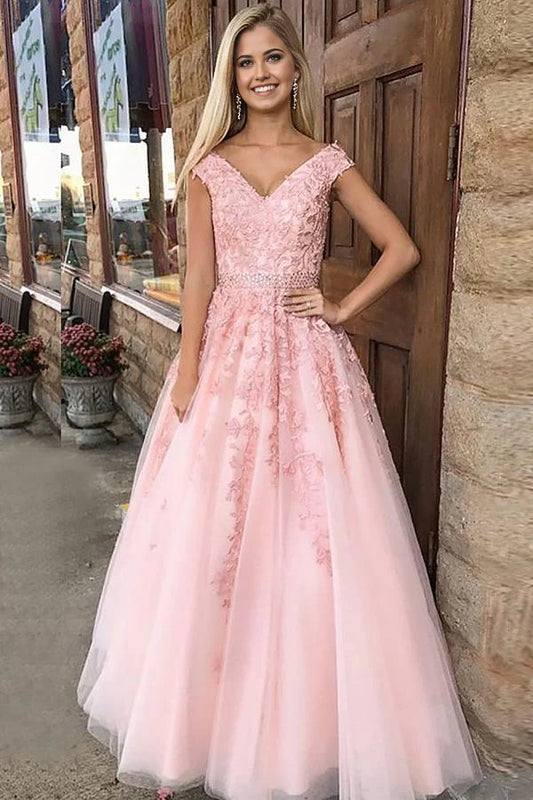 A-Linie Tüll Prinzessin V-Ausschnitt Bodenlang Lange Ballkleider mit Applikationen
