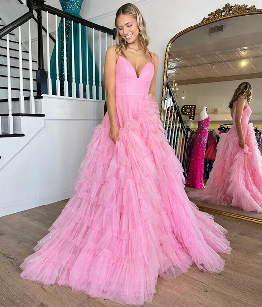 A-Linie Tüll Spaghettiträger Stufen-Ballkleid