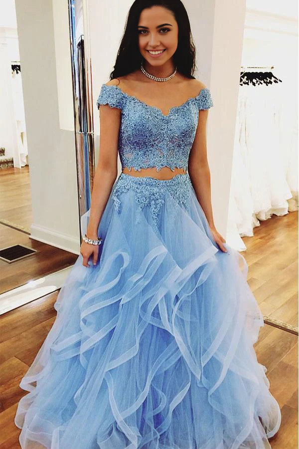 Two Pieces Off Shoulder Short Sleeve Lace Light Blue Prom Dress