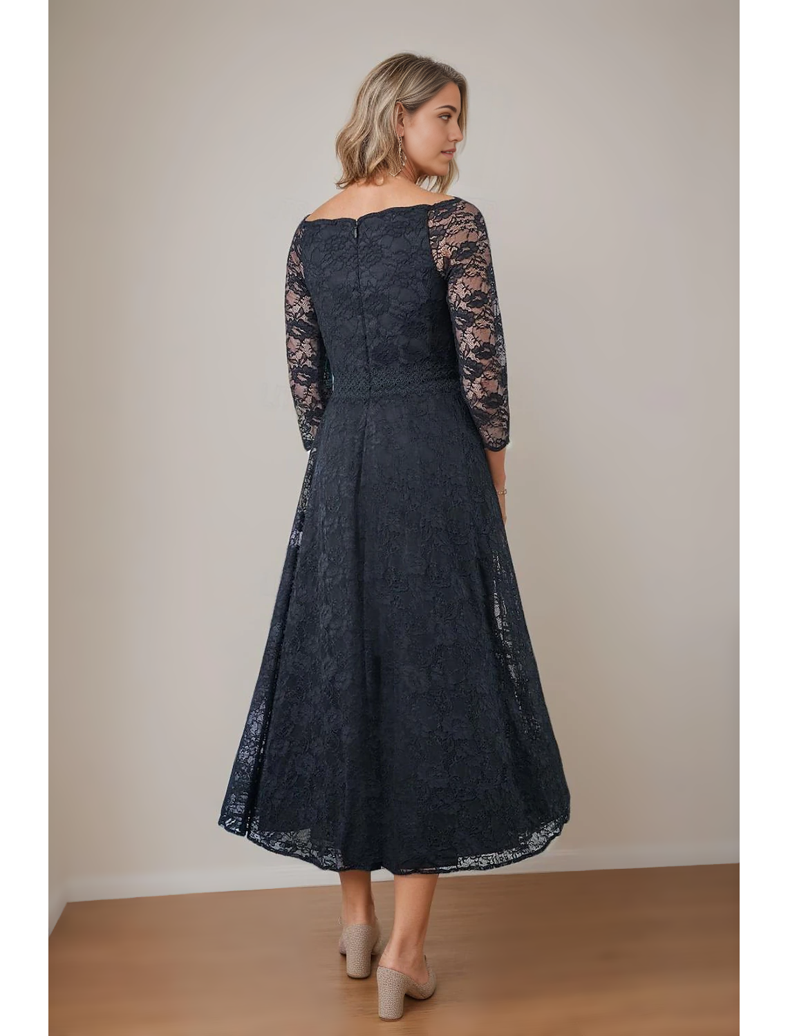 A-Line Mother of the Bride Dress Elegant V Neck Tea Length Lace 3/4 Length Sleeve with Lace free custom size