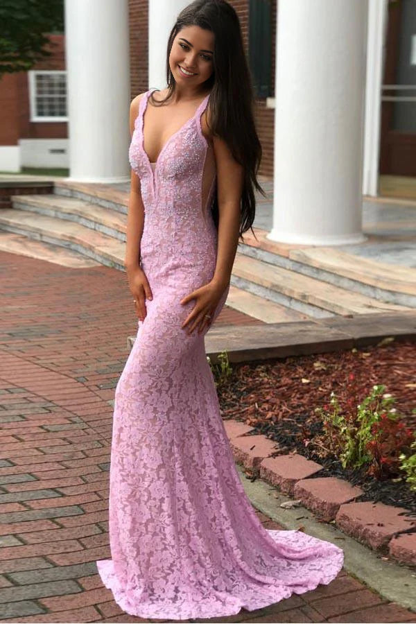 Mermaid Deep V-Neck Floor Length Lace evening gown formal dresses Prom Dresses with Beading