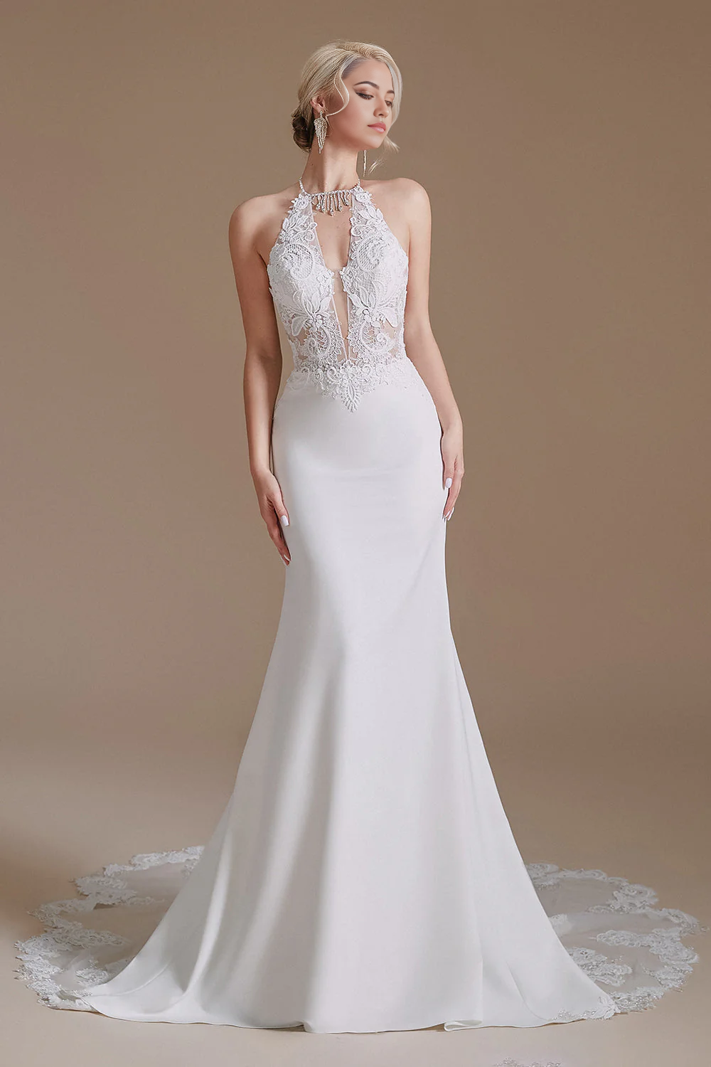 Vestidos de novia elegantes de sirena con apliques de encaje y espalda descubierta 
