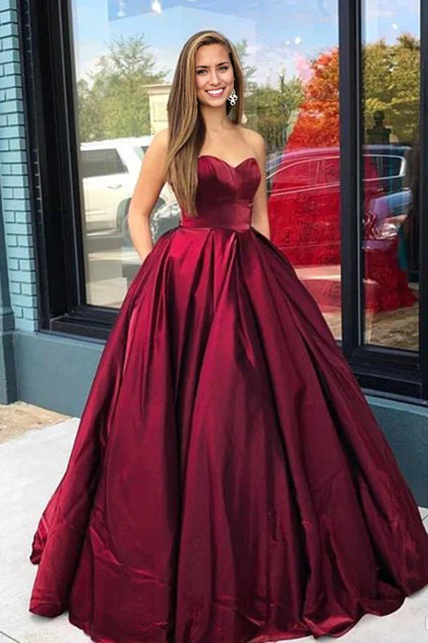 A-line Sweetheart Satin Long Prom Dresses with Pockets