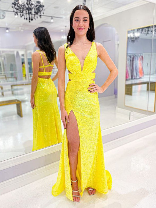 Sheath/Column Sequins V-neck Sleeveless Floor-Length Dresses