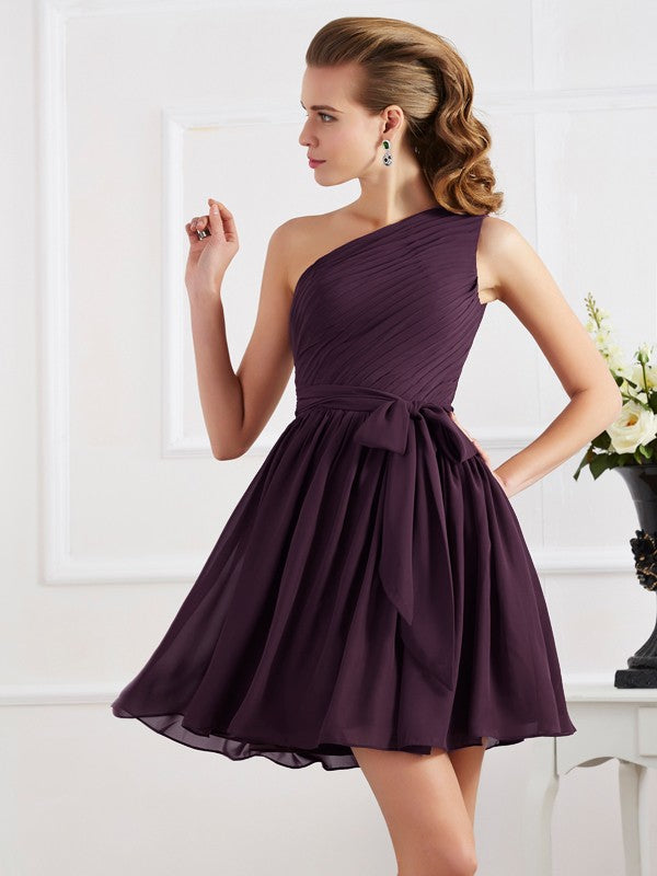 A-Line Chiffon One-Shoulder Sleeveless Short/Mini With Pleats Bridesmaid Dresses