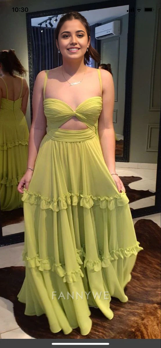 A-Linie Spaghettiträger Rüschen Grün Lange Abendkleider Brautjungfernkleider Abendkleid Ballkleid 