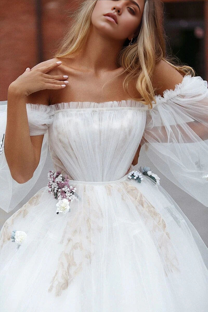 A-Line Off the Shoulder Tulle Princess Wedding Dress