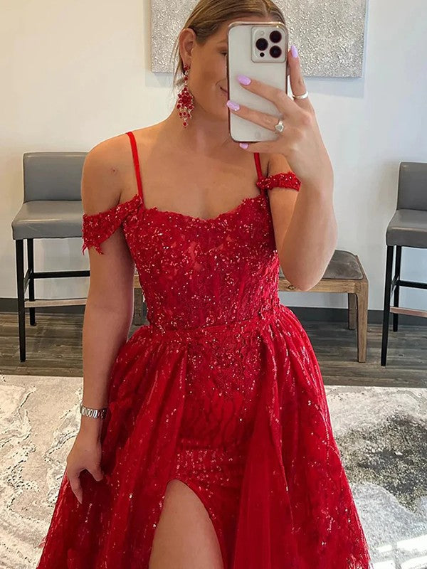 A-Line/Princess Ruffles Spaghetti Straps Sleeveless Sweep/Brush Train Dresses