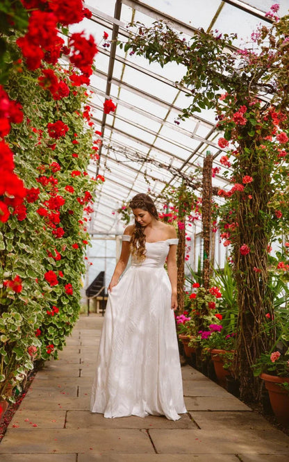 A-line Off the Shoulder Sleeveless Simple Satin Wedding Dress