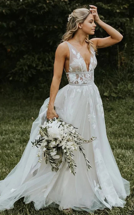 A-Line Boho Lace V-Neck Tulle Sleeveless Floor Length Wedding Dress with Appliques