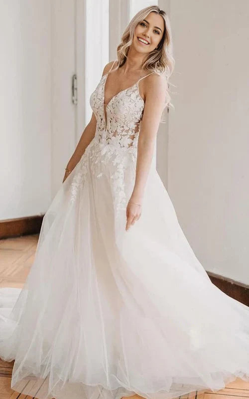 A Line V-neck Floor-length Lace Tulle Spaghetti Sleeveless Wedding Dress