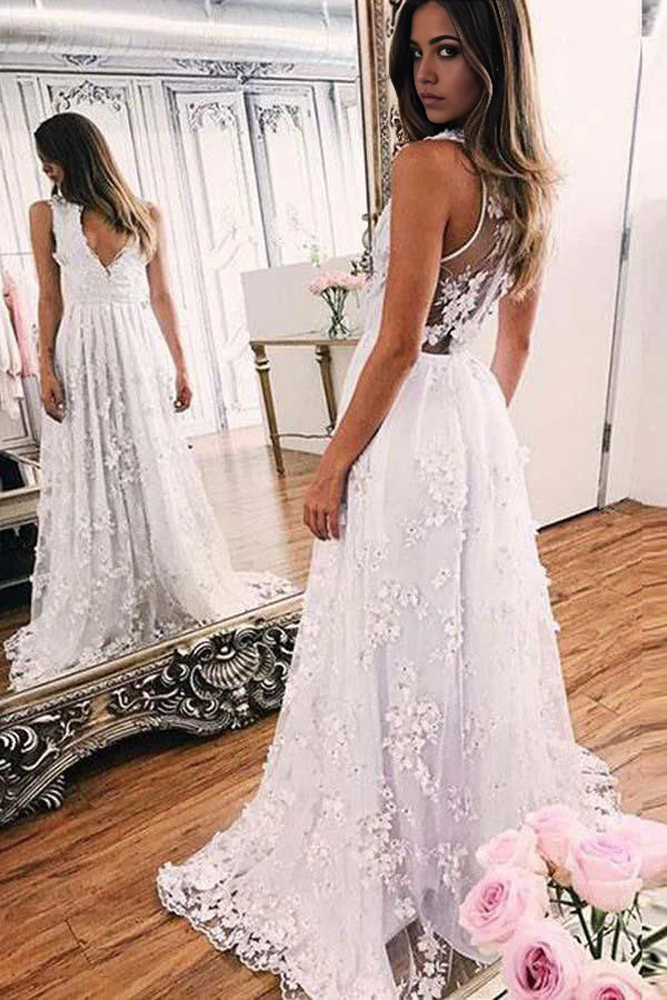 A Line V Neck Sleeveless Lace Brush Train Deep White Wedding Dresses