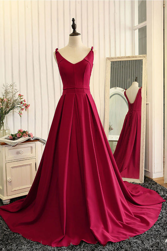 v neck satin long prom dress