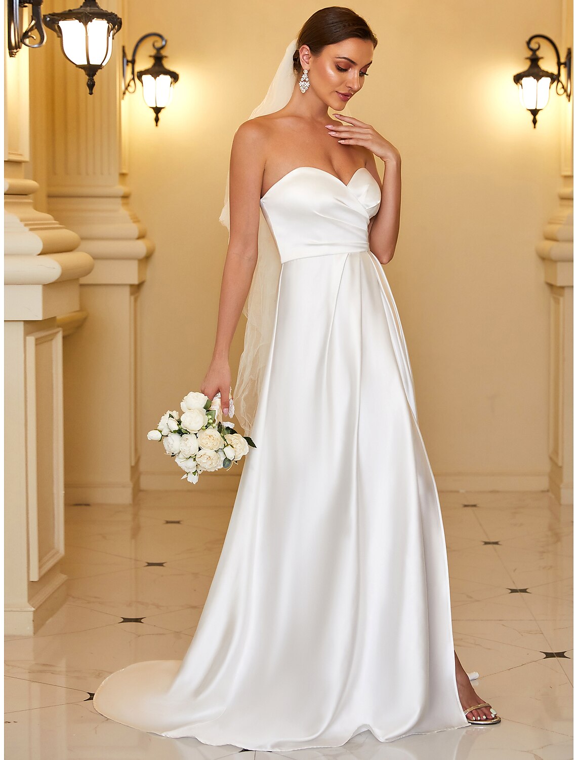 A-Line Evening Gown Minimalist Dress Wedding Guest Floor Length Sleeveless Strapless Satin Backless with Sleek Pure Color