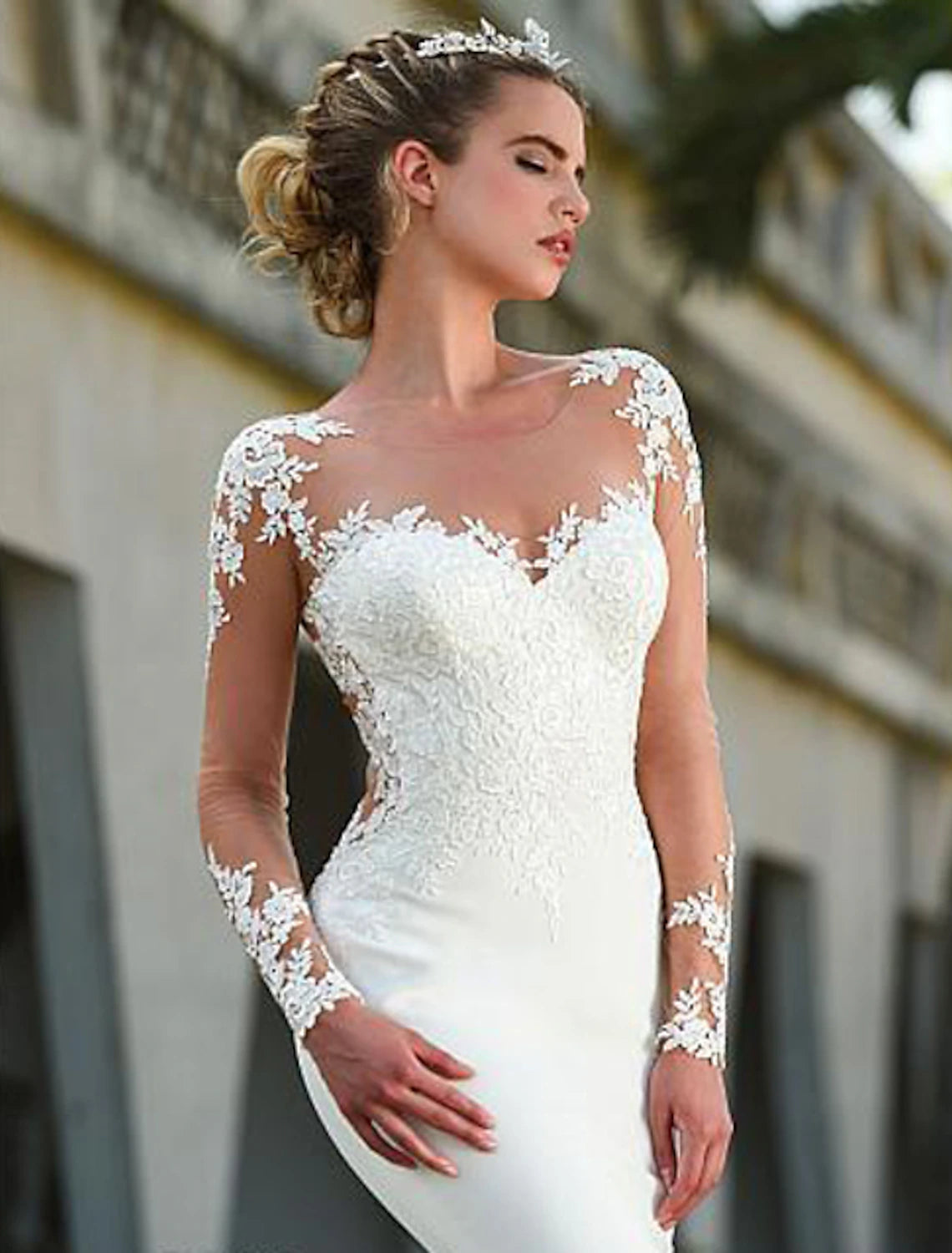 Vestidos de novia formales de compromiso con espalda abierta, escote sirena/trompeta, ilusión, manga larga, cola de corte, encaje y apliques 