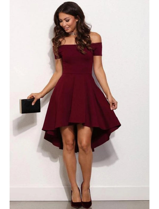 Vestido de fiesta de bienvenida con corte en A, de hada, bonito, con hombros descubiertos, manga corta, corto/mini, de satén elástico con color puro