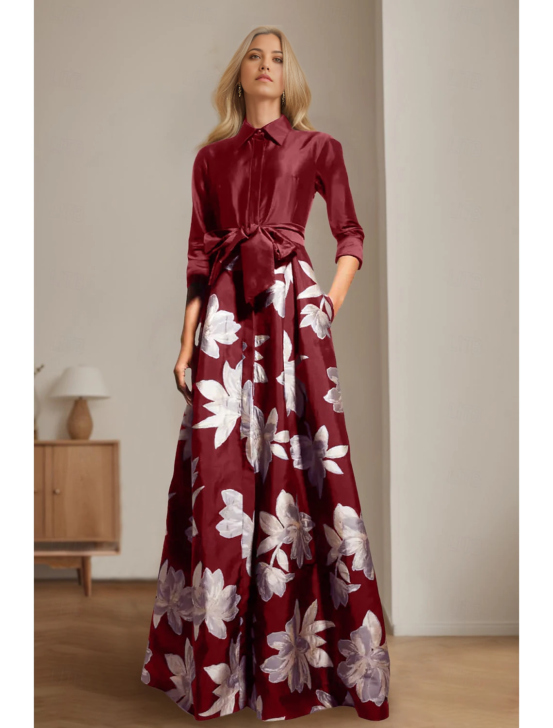 A-Line Mother of the Bride Dress Elegant Shirt Collar Floor Length Satin 3/4 Length Sleeve with Sash / Ribbon free custom size