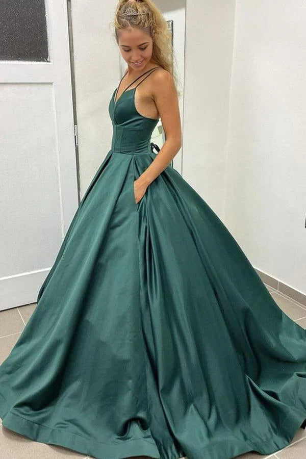 A-line Straps Simple Satin Formal Dress Prom Dress WIth Pockets