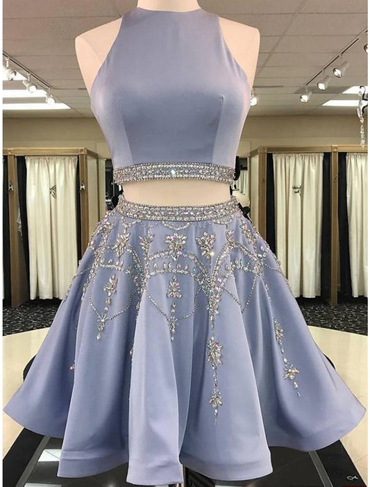 Vestidos de fiesta de dos piezas, elegantes, cortos o mini, sin mangas, con escote joya, de satén y cuentas.