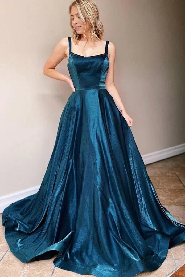 A-line Square Neck Backless Simple Satin Prom Dresses
