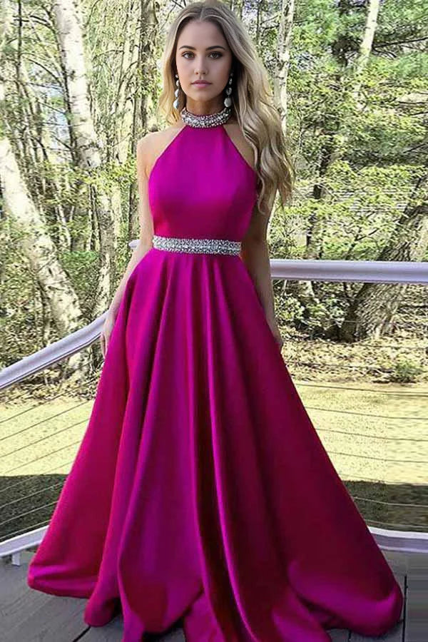 A-Line Open Back Sleeveless Pink Satin Prom Dress with Beading