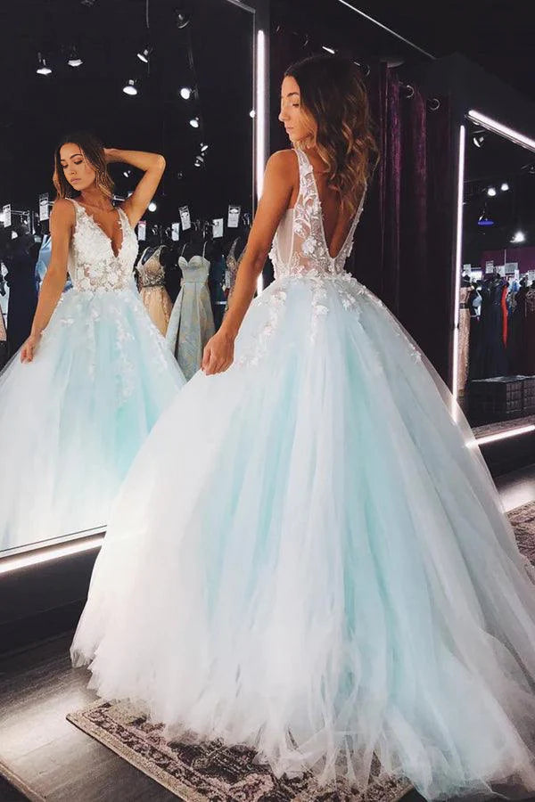 A-Linie V-Ausschnitt Tüll Spitze Blumen Langes Ballkleid Abendkleid