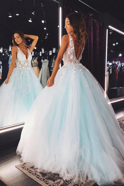 A-Linie V-Ausschnitt Tüll Spitze Blumen Langes Ballkleid Abendkleid
